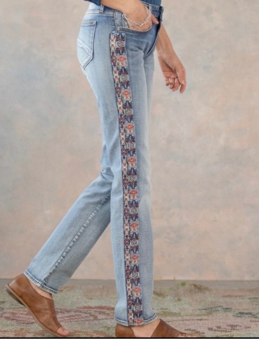 Free People Driftwood Jackie Straight Leg Embroidered Boho Western Denim Jeans